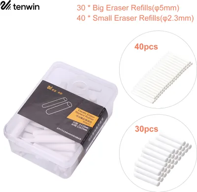 Obrázok produktu pre tenwin Prenosná elektrická guma Náplne 30 kusov Veľká / hrubá + 40 kusov Malá / tenká guma Náplne vymeniteľné gumové písacie potreby pre študentov Umelci kreslenie Maľovanie Skicovanie Použitie