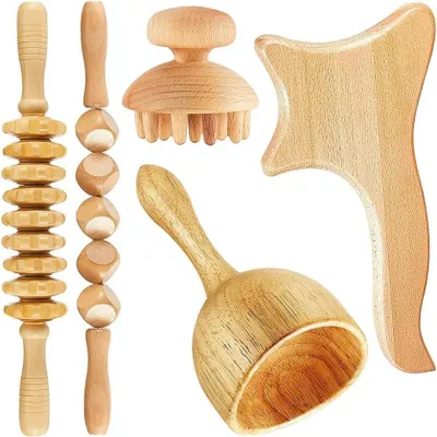 Productafbeelding van 5-in-1 maderotherapie set, anti-cellulitis massageapparaat, hout, massageroller, fasciarol, Gua Sha beker, massageset, verstevigt de huid, voor nek