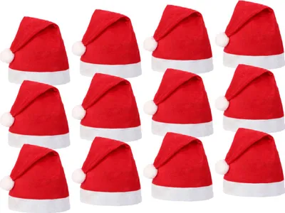 Produktbild von Santa Magix Weihnachtsmütze Set – Einfache rote Filz Weihnachtsmützen mit weißem Bommel – Günstige Giveaway Nikolausmützen für Events, Firmen, Schulen & Weihnachtsfeiern Menge wählen: 12