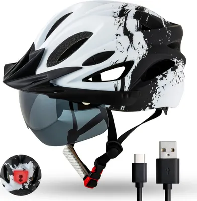 Produktbild von Fahrradhelm H085 Urban mit LED-Rücklicht & Magnet-Visier Sonnenbrille – City Helm für Damen & Herren – 54-61cm – Ultraleicht 245g - Schwarz/Weiß
