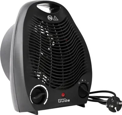 A black and gray electric heater is shown against a white background.