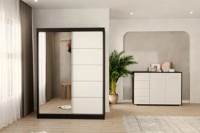 Produktbild von 2er-Set Schwebetürenschrank Schrank Kleiderschrank mit Spiegel Schwarz/Weiß 150cm Vista 05 mit Kommode 135cm FRIDA 01