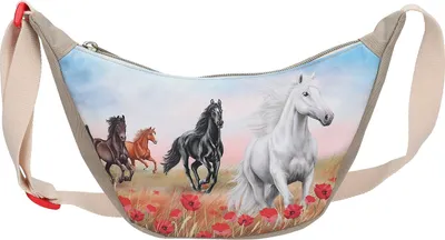 Productafbeelding van Depesche Miss Melody schoudertas - kleine halvemaan tas POPPY SAND, paardenmotief