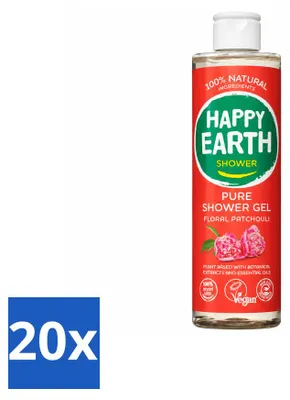 Imagen del producto de 20 unidades de gel de ducha "Happy Earth" con aroma floral de pachulí, 100% natural, 300 ml. Paquete económico