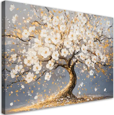 Image de Toile Arbre doré avec fleurs blanches 60x40 Feeby Blanc Image pour le mur, prête à être accrochée