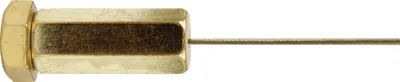 A close-up view of a brass wire tensioner with a hexagonal nut and a thin wire extending to the right, isolated on a white background.
