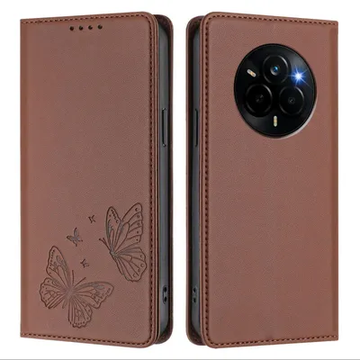 Produktbild von Lederhülle für Realme Narzo 80 Pro, Schmetterling Prägung Leder Brieftasche Schutzhülle mit Ständer Braun
