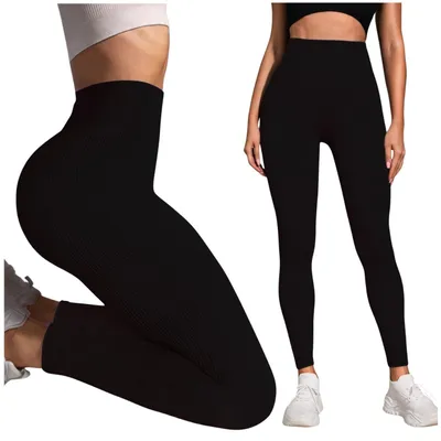 Produktbild von Damen Leggings Gerippt Nahtlos - Hoher Bund - Größe S - Schwarz - Blickdicht Fitness Tights