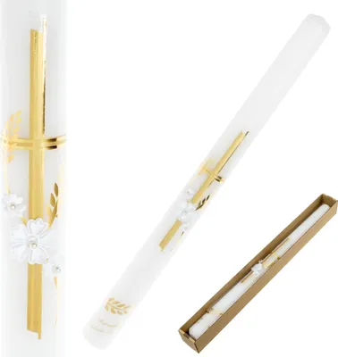 Produktbild von Taufkerze mit goldenem Kreuz, weißen Blumen und Perlen