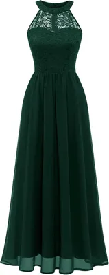 Produktbild von Langes, dunkelgrünes Halfterkleid aus Chiffon und Spitze, geeignet für Partys und Hochzeiten