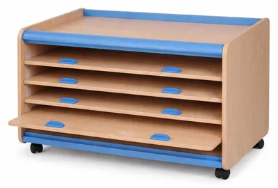 Image de Armoire de rangement moderne pour enfants, avec roulettes et quatre étagères, bleue