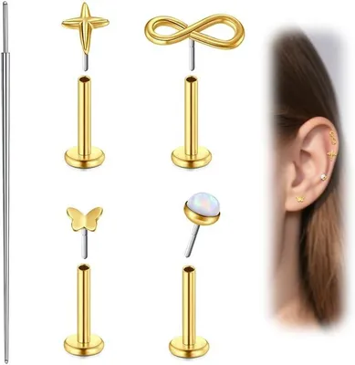 Imagen del producto de Piercings para la oreja, calibre 20, plata, con circonita, en forma de corazón, mariposa o estrella, de 6 mm, aptos para el cartílago (helix) y el piercing labial (medusa)