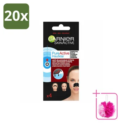 Imagen del producto de 20 tiras Garnier Pure Active para eliminar puntos s, con carbón activado, para nariz, frente y barbilla, pack ahorro, 20 unidades