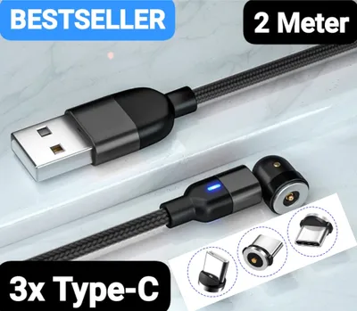 Produktbild von Magnetische LED Ladekabel, 3A, USB-C, 3xType C Stecker, 2 Meter,  iPhone 15 reihe, Samsung Galaxy von S8 bis S24 Ultra,  360°&180° Rotation Schwarz