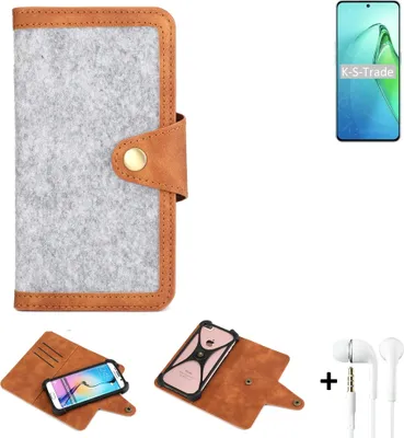 Produktbild von K-S-Trade Handyhülle + Kopfhörer kompatibel mit Oppo Reno8 Pro+ Schutzhülle Filz Hülle Kunstleder hellgrau braun (1x)