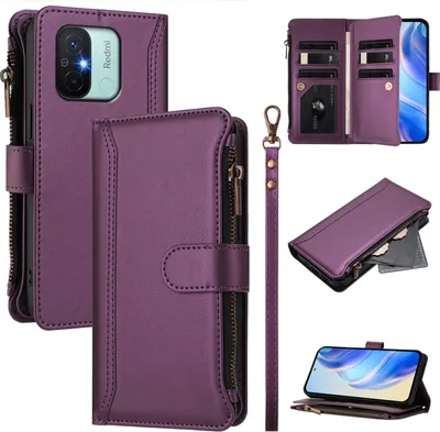 Image de Etui pour Xiaomi Redmi 12C/Poco C55, zippé, étui portefeuille en cuirPolyuréthaneavec poches pour cartes, support et dragonne Violet