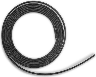 A coiled black cable on a white background.