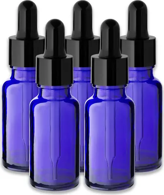 Produktbild von 5x Blaue Glasflasche 20 ml mit schwarzer Pipette Apothekerflasche leer
