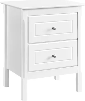 A white two-drawer nightstand is shown against a white background.