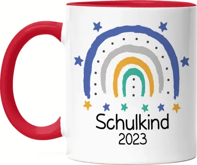 Produktbild von Schulkind 2023 Tasse Rot  Einschulungsgeschenk Grundschule 1. Klasse Schulstart Regenbogen Motiv