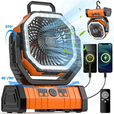 Produktbild von Akku-Standventilator USB Akku Ventilator mit Haken, Fernbedienung & Timer für Outdoor Camping Ventilator 20000mAh mit Powerbank, LED Licht, 4 Stufen