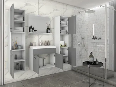A modern bathroom vanity set with a sink, mirror, and storage cabinets.