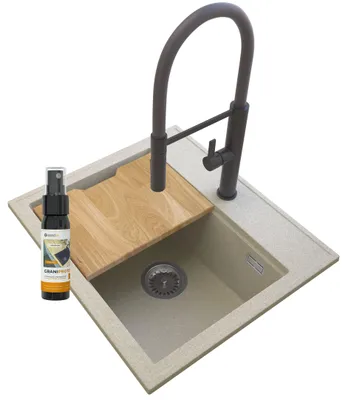 Obrázok produktu pre Granitan - Granitový drez - Drez 56,5x50,5 cm - Kuchynský drez béžový - s batériou a sifónom - FOXAL
