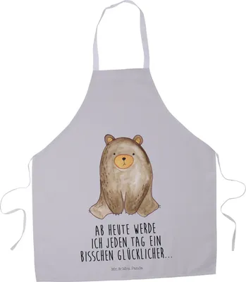 Produktbild von Mr. & Mrs. Panda Schürze Bär sitzend - Grau Pastell - Geschenk, Kochschürze, Küchenzubehör, Teddy, Grill, Kellnerschürze, Backschürze