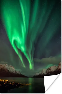 Produktbild von MuchoWow® Poster Nordlichter - Grün - Fjord 60x90 cm - Wanddekoration