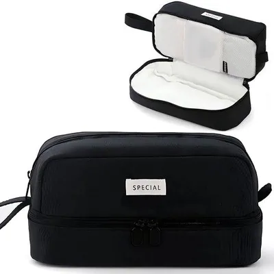 Image de Trousse rembourrée de grande capacité, avec 4 compartiments, portable, sac d'école et de bureau pour femmes, filles et garçons, trousse de maquillage (noir)