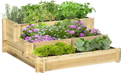 Produktbild von Outsunny Hochbeet Holz, 3-stufige Pflanzbeet, Frühbeet mit Stoffauskleidung, Gartenbeet Blumenkasten Gemüsebeet 93x93x35cm für Balkon, Garten, Natur