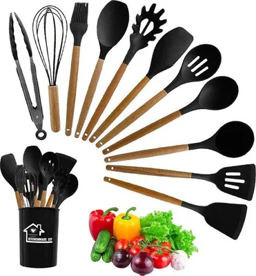 Produktbild von Famanu Küchenhelfer-Set, 12-teilig, hitzebeständig, mit Halter und Holzgriffen