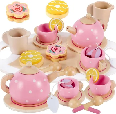 Image de AOLEVA Service à thé en bois pour enfants Set de thé Jeux de rôle Cadeau Filles Garçons