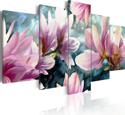 Produktbild von Leinwandbilder Blumen 200x100 cm Vlies Leinwandbild 5 tlg Kunstdruck modern Wandbilder XXL Wanddekoration Design Wand Bild - Magnolien wie gemalt 020110-76