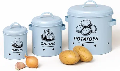 Productafbeelding van Uienpotset van 3 met deksel en gaatjes - Uien - Aardappelen en knoflook - Wit