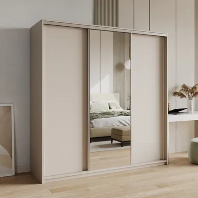 Produktbild von Masseno Schiebetürenschrank TAVI 200/205/60 cm Kleiderschrank mit Schubladen Schlafzimmer Schrank 3-türig mit Spiegel Kaschmir + Satin