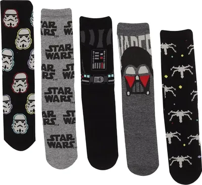 Five pairs of Star Wars themed socks are displayed side-by-side against a white background.