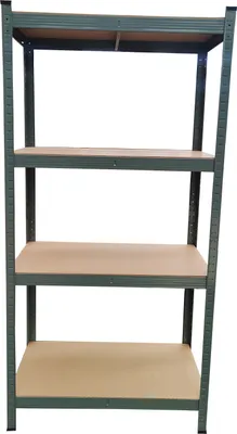 A four-shelf metal storage rack with wooden shelves, shown against a white background.
