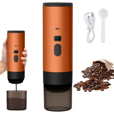 AIORBER Tragbare Kaffeemaschine, 90 ml, 15 Bar, Kabellos, Digitale Anzeige, 7800 mAh Akku, Kompatibel mit Kapseln & Kaffeepulver, Orange