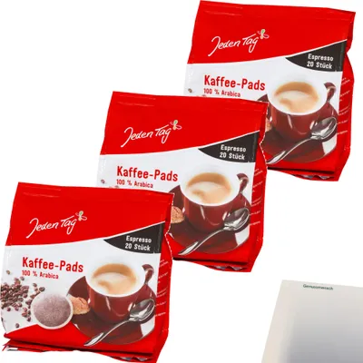 Produktbild von Jeden Tag Kaffeepads Espresso 20 Portionen 3er Pack (3x140g Packung) + usy Block