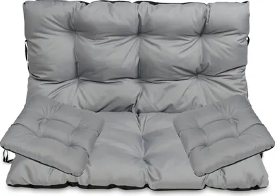 A gray cushion set for a bench and chairs, displayed against a white background.