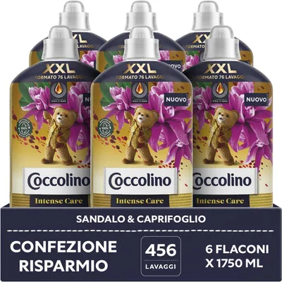 Produktbild von Coccolino Weichspülerkonzentrat, Sandelholz und Geißblatt, Intense Care Weichspüler für Waschmaschine mit Pro-Fibre-Technologie, XXL-Format bis zu 456 Wäschen, 6 x 1750 ml