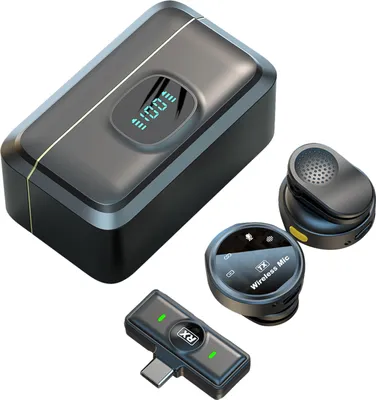 Zdjęcie produktu dla One-Trigger-Two Bezprzewodowy mikrofon 2.4G z mocowaniem magnetycznym Mikrofon klapowy do smartfona Tłumienie szumów Monitorowanie w czasie rzeczywistym Wbudowany akumulator z etui ładującym do smartfonów z Androidem Type-C Tablety Vlog Transmisja na żywo Wywiad
