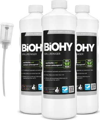 Produktbild von BiOHY Grillreiniger (3x1l Flasche) + Dosierer | Reiniger für Holzkohle-, Gas- und Elektrogrill | Aktivschaum gegen angebranntes Fett und Öl | Materialschonend, effektiv und nachhaltig