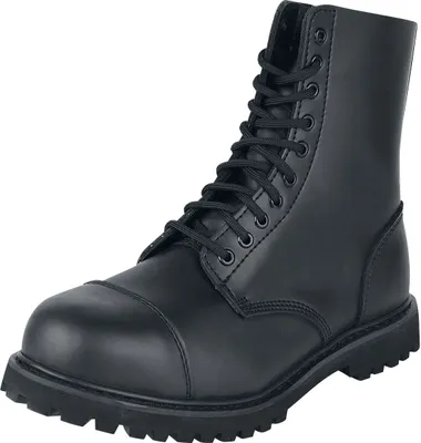 A black leather boot on a white background.