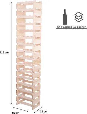 Produktbild von Weinregal VINOTECA FLEX PRO | HxBxT 219x46x28cm | 64 Flaschen auf 16 Ebenen | Massives Kiefernholz | Natur unbehandelt