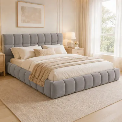 Productafbeelding van Gestoffeerd bed 140x200 cm, tweepersoonsbed met gestoffeerd hoofdbord, zachte rugleuning, lattenbodem, matrasbevestiging, fluweel, grijs