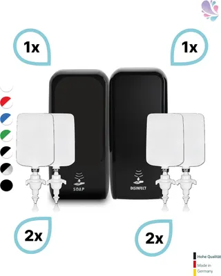 Produktbild von KOMPLETT-SET HANDHYGIENE SENSOR: Desinfektionsspender SENSOR + 2 Kartuschen & Schaumseifenspender SENSOR + 2 Kartuschen : Farbe - Schwarz Farbe: Schwarz