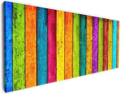Produktbild von Wallario Premium Leinwandbild Buntes Holz - bunte Streifen mit Farbe und Holzstruktur in Größe 50 x 125 cm