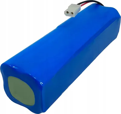 A blue battery pack with a white connector and wires on a white background.